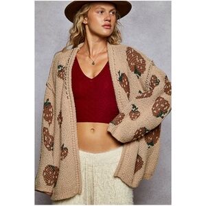 POL Strawberry Print Open Front oversized Cardigan